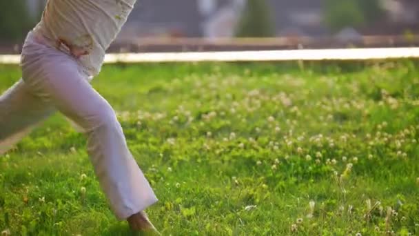 Man χορεύει capoeira στη χλόη, μετακινεί τα πόδια του με τη σειρά — Αρχείο Βίντεο