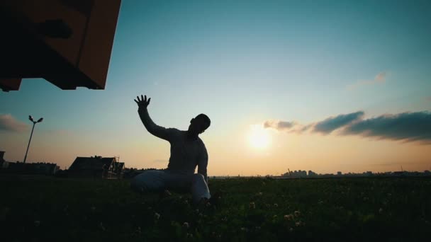 Αθλητικός άνδρας εκτελεί στοιχεία capoeira χορού στο γρασίδι, βράδυ καλοκαιριού, σιλουέτα — Αρχείο Βίντεο