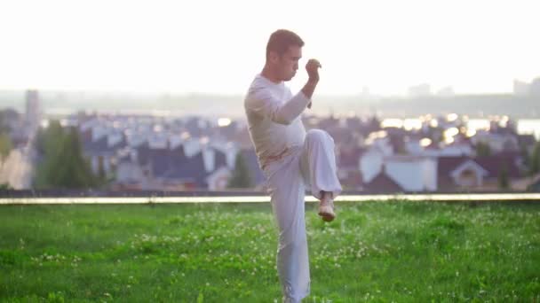 Atletický muž tanec capoeira a hnětení nohy na trávě v létě — Stock video