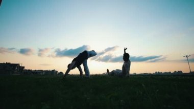 Capoeira çimlere yaz günbatımında dans ederken iki atletik erkek takla gerçekleştirmek