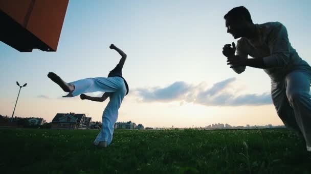 Dos hombres fuertes demuestran el arte de la danza de la capoeira en la hierba — Vídeos de Stock