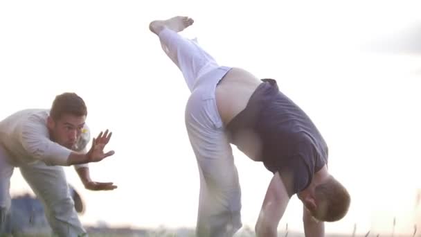 Uomini forti eseguono trucchi con i piedi, ballando capoeira brasiliana sull'erba — Video Stock