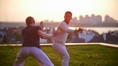 Sportif bir vücut ile iki erkek capoeira açık havada, bacaklarını diğer sallayarak onlardan biri dans