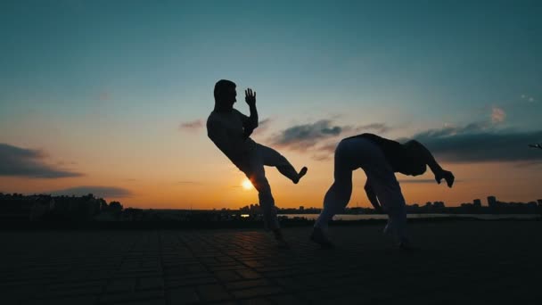 Silhouetten von zwei Sportlern, die vor dem Hintergrund des atemberaubenden Himmels die Kampfkunst Capoeira trainieren — Stockvideo