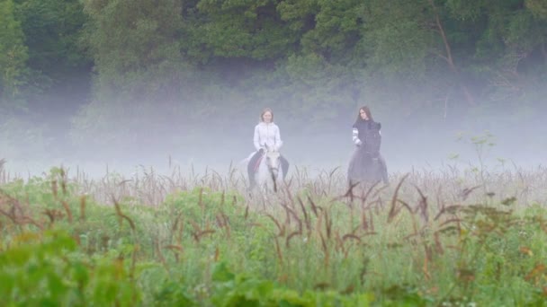 Zwei junge Mädchen auf Pferden aus dem Nebel in der Natur — Stockvideo