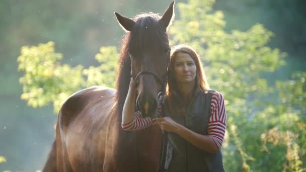 Jonge vrouw knuffelen en aaien van een paard in het bos bij dageraad — Stockvideo