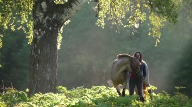 Sabahın erken saatlerinde şafak ışığı güzel bir ağaçta yanında ormanda bir yürüyüş bir at ile kız