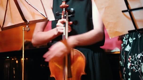 Дівчина з струнним інструментом готується до виступу — стокове відео
