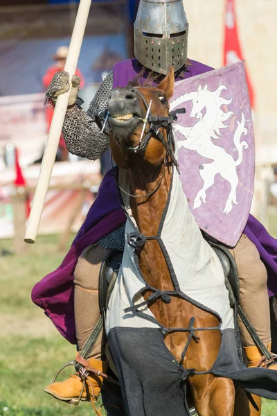 Bulgar, Federación Rusa - Agosto 2018, - un hombre en traje de caballero, con una túnica púrpura a caballo actuando en el festival de la Edad Media —  Fotos de Stock