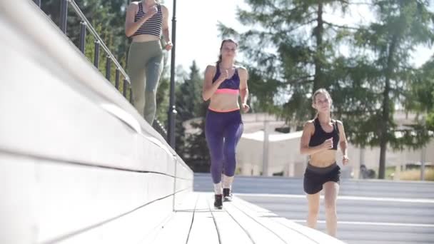 Trois filles athlétiques jogging dans le parc par une journée d'été ensoleillée — Video