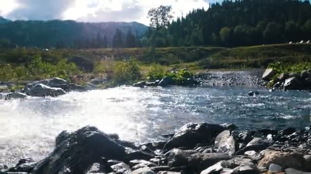 Yolcular ile off-road araç geçen küçük bir nehir üzerinde tebrik kendi el sallayarak — Stok video