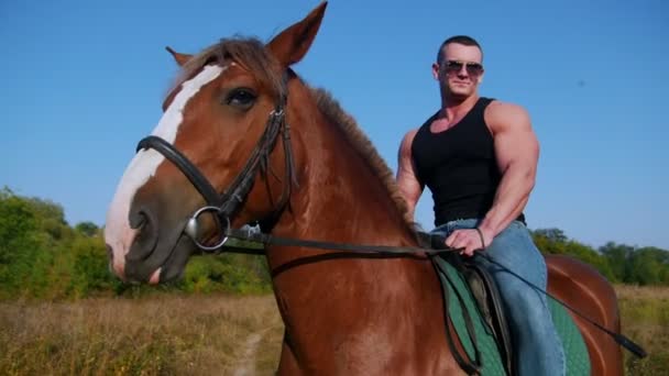 Όμορφη μυώδης άνδρας κάθεται σε ένα όμορφο άλογο το καλοκαίρι στο κέντρο του γηπέδου — Αρχείο Βίντεο