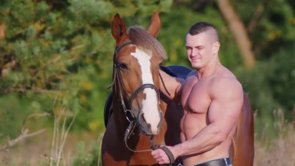 Un hombre con un fuerte torso desnudo de pie junto al caballo, acariciando el caballo y mirando a la cámara — Vídeo de stock