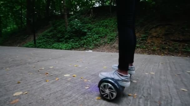 Jong meisje besteedt tijd in het park, het rijden van een gyro. Rond de bomen. Een onbekende persoon komt om te voldoen aan. — Stockvideo