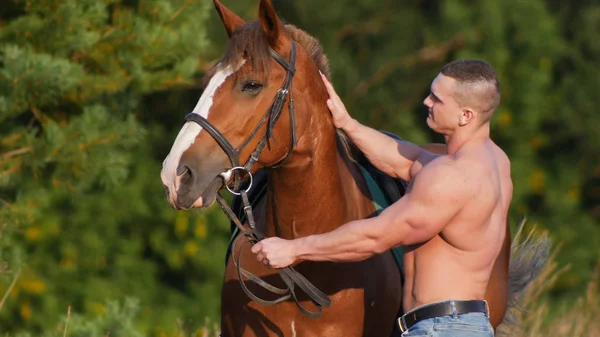Молодой сильный парень стоит рядом с лошадью в поле . — стоковое фото
