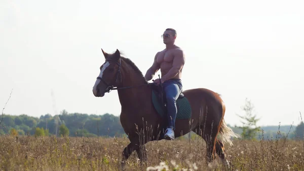 Atraktivní mužského kulturista, jízda koni na hřišti v létě — Stock fotografie
