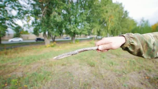 Un cane da pastore addestrato salta e si aggrappa al bastone. Da vicino. — Video Stock