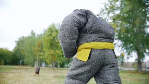 Entraînement chien de berger sur l'attaque. L'homme qui porte la protection — Video