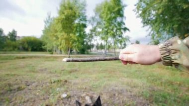 Köpek sahipleri elinde bir sopa kapmak. Birinci şahıs bakış. Ağır çekim
