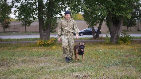 A trainer and his german shepherd dog — Stock Photo, Image