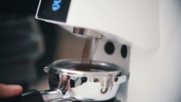 Barista fills up a holder with a ground coffee. Close up — Stock Video