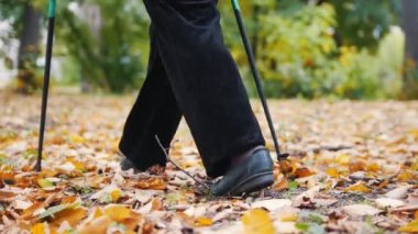 İki yaşlı kadın İskandinav parkta yürüyüş yapıyoruz. Ayak.
