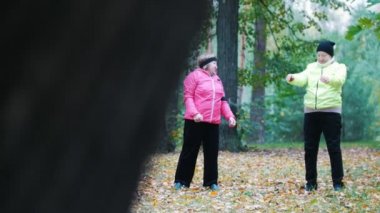 Olgun Kadın ceketler İskandinav bir yürüyüşten sonra bir sonbahar park içinde jimnastik yapıyor