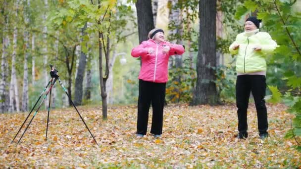 Reife Frau turnt nach einem skandinavischen Spaziergang in einem herbstlichen Park — Stockvideo