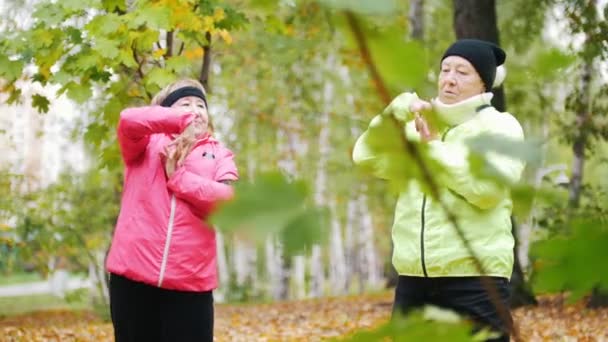 Mujer madura en chaquetas de colores haciendo gimnasia en un parque de otoño después de un paseo escandinavo — Vídeos de Stock