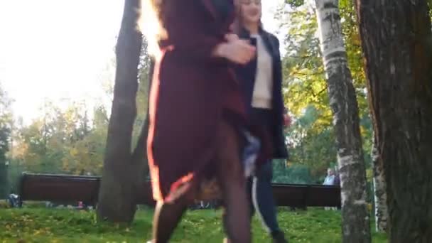 Dos niñas walkig a la manta y sentado en ella — Vídeos de Stock