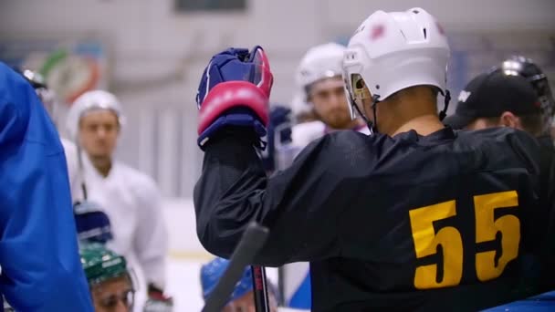 Hockey teamgenoten stap op het ijs van het hockeyveld en kijken naar elkaar — Stockvideo