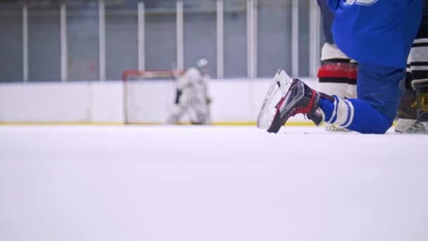 Hokejový brankář stojí u brány během hokejový zápas na ledě na pozadí.