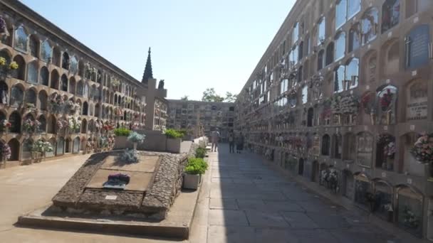 Barcellona, Spagna - Settembre 2018: Veduta del cimitero di Montjuic. Il cimitero contiene oltre un milione di sepolture e ceneri di cremazione nei suoi 567.934 metri quadrati — Video Stock