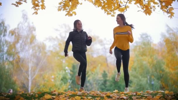 Meisjes warming-up vóór de training in park. Draait op de plek — Stockvideo