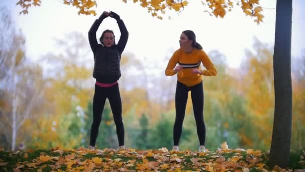 Lányok bemelegítés, edzés, a park előtt. Őszi — Stock videók