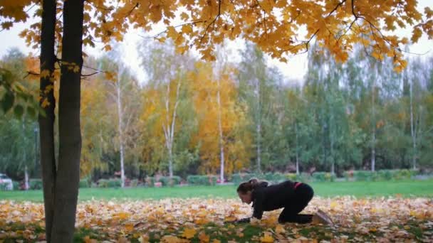 Chica haciendo acrobacias de pie en sus manos, las piernas abiertas. Formación en el parque de otoño — Vídeos de Stock