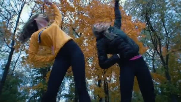 Meninas aquecendo e fazendo ginástica no parque de outono. Fechar — Vídeo de Stock