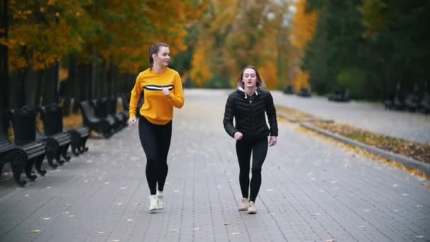 Mujeres jóvenes en forma corriendo en el parque de otoño. Corriendo hacia la cámara. Movimiento lento — Vídeo de stock