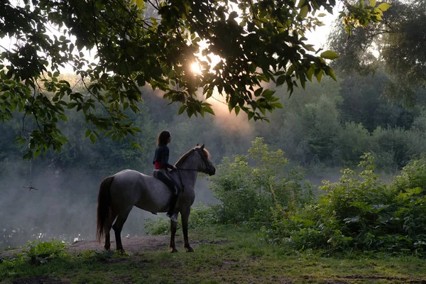 Jeune femme chevauchant un cheval blanc sur un beau paysage. Lac clair au brouillard matinal. Lever de soleil — Photo