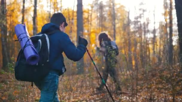 若い女性とハイキングの少年。スカンジナビアの散歩。背面から見る — ストック動画