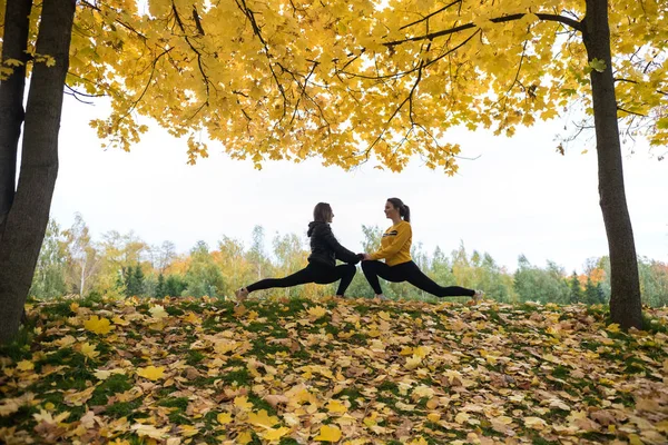 Podzimní fotografie sportovní žen, táhnoucí se v lese na ranní pozadí lesa. — Stock fotografie