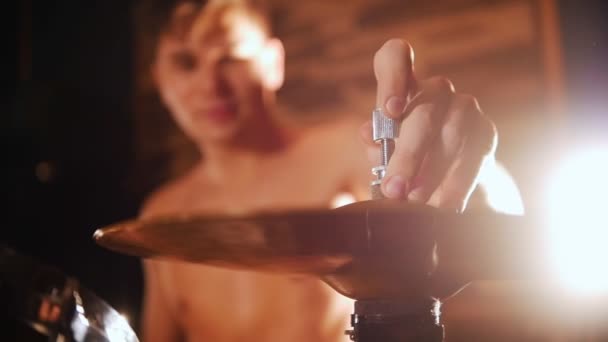 Shirtless drummer closes up the hi-hat — Stock Video