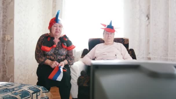 Две пожилые женщины смотрят телевизор в российских аксессуарах и размахивают российскими флагами — стоковое видео