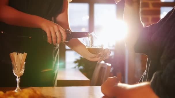 La camarera llena el vaso con una cerveza. — Vídeos de Stock