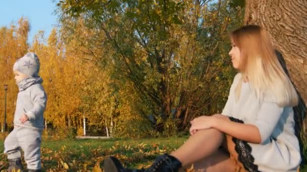 Die junge Mutter sitzt mit ihrem kleinen Baby im Gras. Sonnenlicht, Herbst — Stockvideo