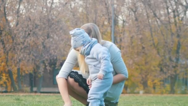 Jovem mãe com um bebê andando no parque de outono . — Vídeo de Stock