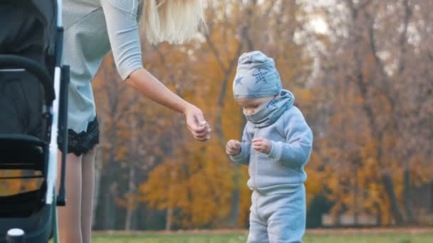 Νεαρή μητέρα με ένα μωρό με τα πόδια στο πάρκο φθινόπωρο. Η μητέρα παίρνει μακριά σκουπίδια από μια childs χέρια — Αρχείο Βίντεο