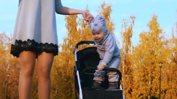 Malé dítě stojící na kočárku drží za ruku matky