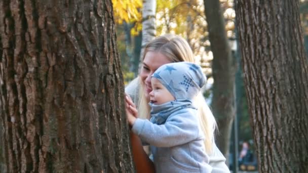 Joven madre en vestido con su pequeño bebé viendo árboles parque de otoño . — Vídeo de stock