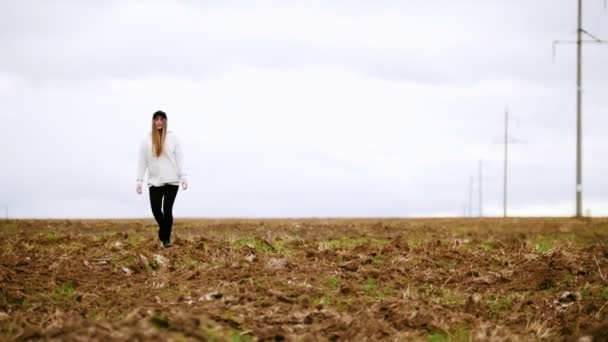 Uma jovem mulher bonita andando em um campo de outono — Vídeo de Stock